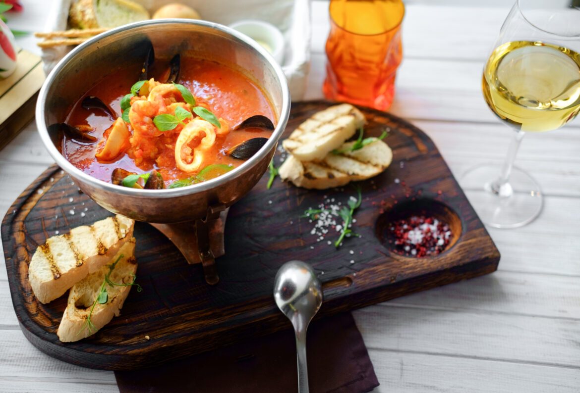tomato soup with seafood, cacciucco, top view