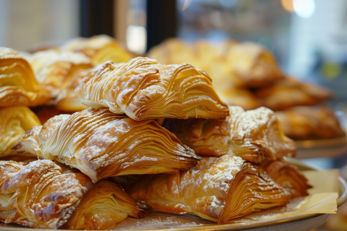 Sfogliatelle pastries with their iconic flaky layers, displayed at a cozy Italian bakery stand. Freshly baked sfogliatelle on display, showcasing flaky layers
