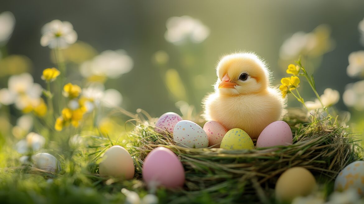 Small Easter chick in a nest made of soft grass, with colorful eggs and spring flowers around it